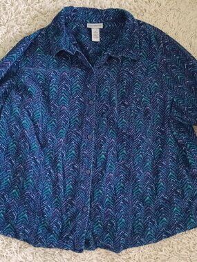 Catherines Womens 1X Button Up Blouse Blue Abstract Print Plus Size Cotton Shirt